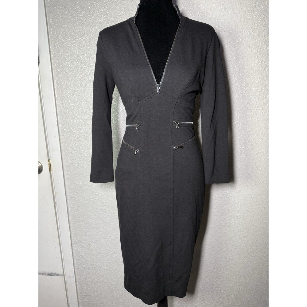 Vintage CACHÉ Mall Goth Dress Y2K Zipper Bodycon Sheath Long Sleeve Black Size 2